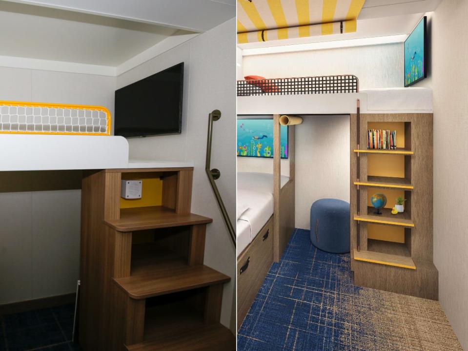 A collage of the rendering of the family infinite ocean view balcony stateroom with the incomplete under construction version.