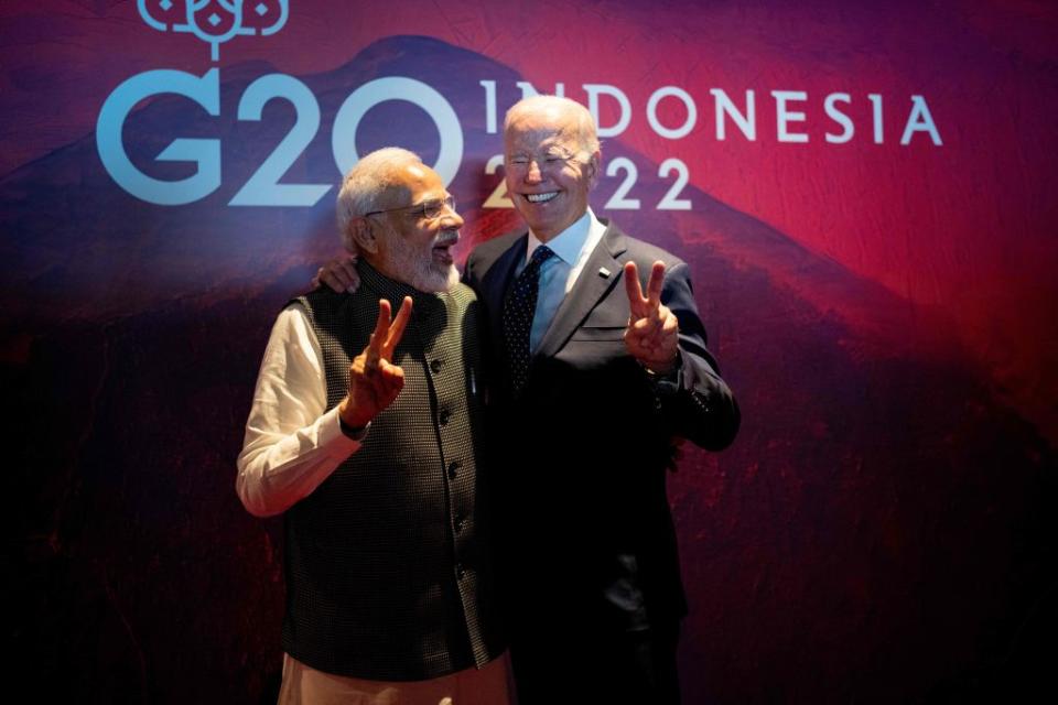 President Joe Biden gestures with India's Prime Minister Narendra Modi on the sidelines of the G20 Summit in Nusa Dua, on the Indonesian island of Bali, on Nov. 15, 2022.<span class="copyright">Doug Mills—Pool/AFP/Getty Images</span>