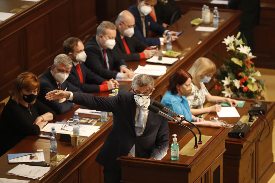 Czech Republic's Prime Minister Andrej Babis addresses lawmakers during a parliament session in Prague, Czech Republic, Thursday, June 3, 2021. The Czech coalition government led by populist Prime Minister Andrej Babis is facing a parliamentary no-confidence vote during the session. (AP Photo/Petr David Josek)