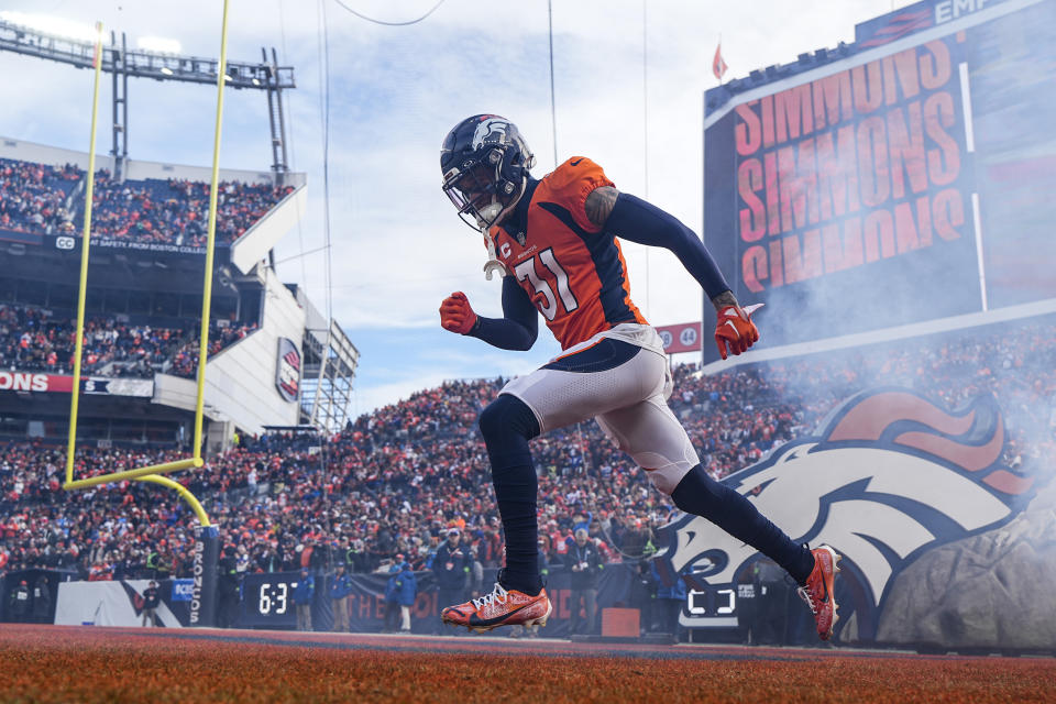 Denver Broncos safety Justin Simmons (31) takes the field before an NFL football game between the Denver Broncos and the Los Angeles Chargers, Sunday, Dec. 31, 2023, in Denver. (AP Photo/Jack Dempsey)