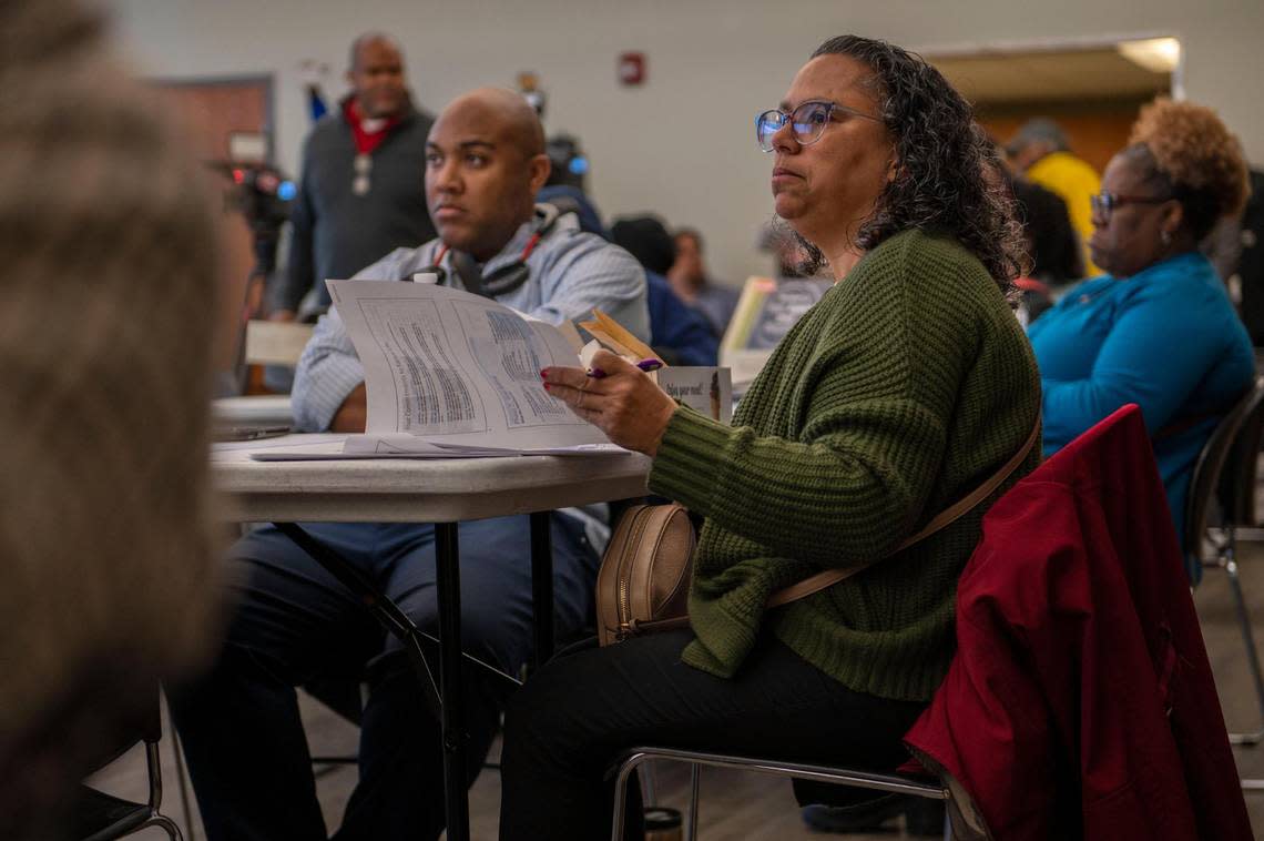 Tracy Pruitt was among several Kansas City Public Schools graduates and other community members attending the district’s first community engagement session on Monday after officials announced a proposal to potentially close 10 schools over several years.