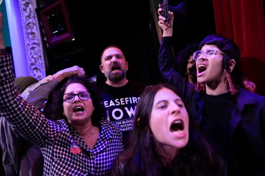 Pro-Palestinian demonstrators shout slogans during an election party for U.S. Rep. Adam Schiff, D-Calif., a U.S Senate candidate, Tuesday, March 5, 2024, in Los Angeles. (AP Photo/Jae C. Hong)