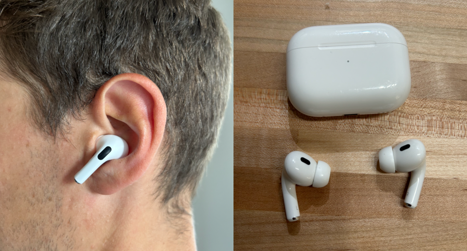 man wearing AirPods Pro (2nd generation) and airpods on table