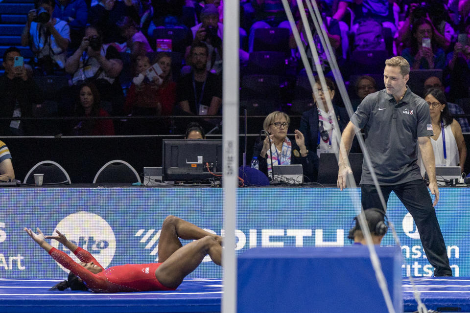 ANTWERP, BELGIUM - October 07:   Simone Biles of the United States falls as she performs the difficult newly named Biles II vault watch by coach Laurent Landi and the judges during the Women's Vault Apparatus Final at the Artistic Gymnastics World Championships-Antwerp 2023 at the Antwerp Sportpaleis on October 7th, 2023 in Antwerp, Belgium. (Photo by Tim Clayton/Corbis via Getty Images)