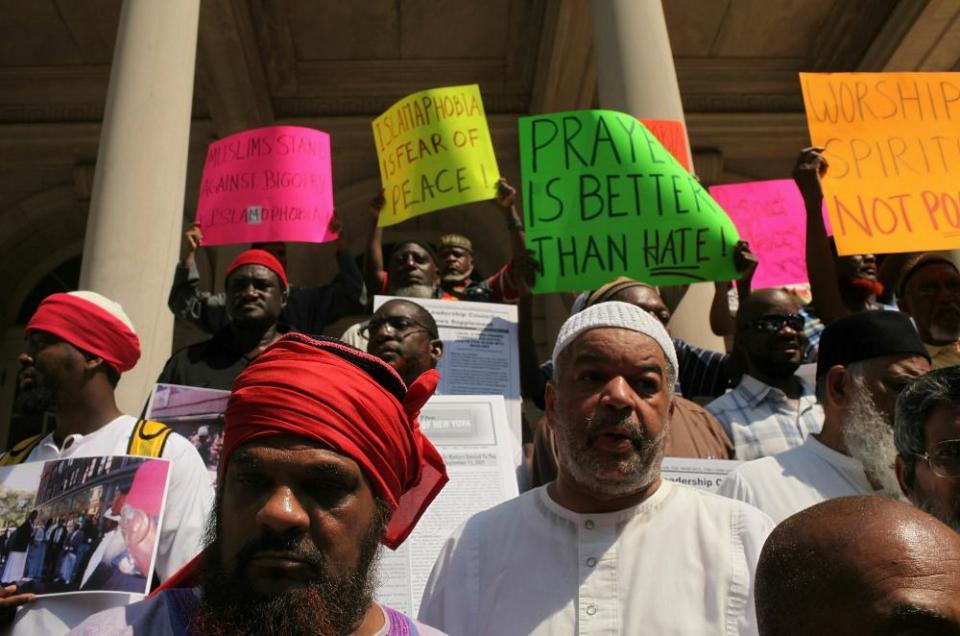 Muslim leaders and organizers of over 55 mosques participate in a news conference and protest in New York to defend the presence of mosques in the US on 1 September 2010.