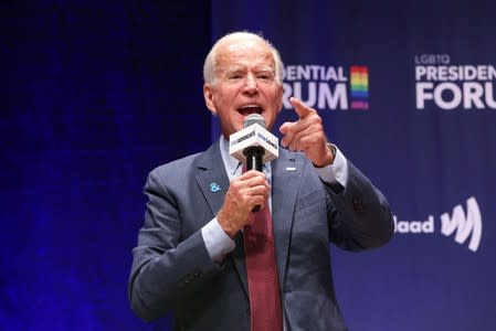 Democratic presidential candidate and former Vice President Joe Biden speaks at the One Iowa and GLAAD LGBTQ Presidential Forum in Cedar Rapids, Iowa