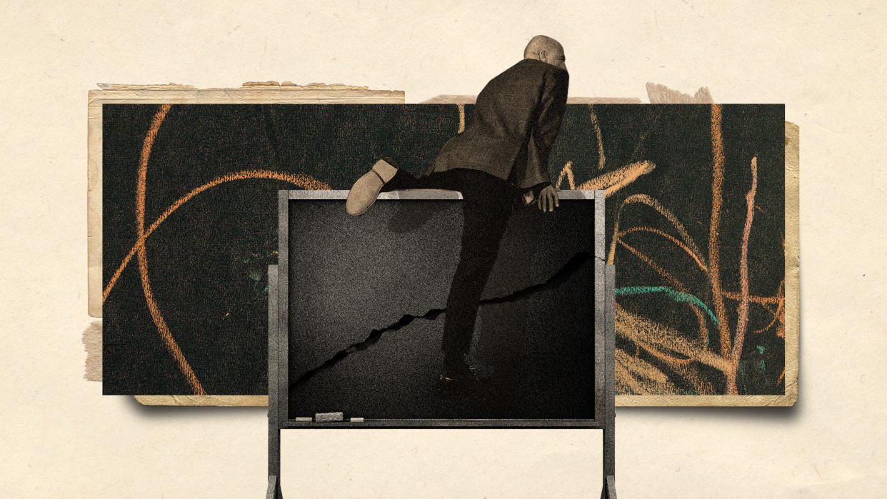  Photo collage of a bald man in a blazer climbing over a cracked blackboard. In the background, there's colourful chalk scribbles. 