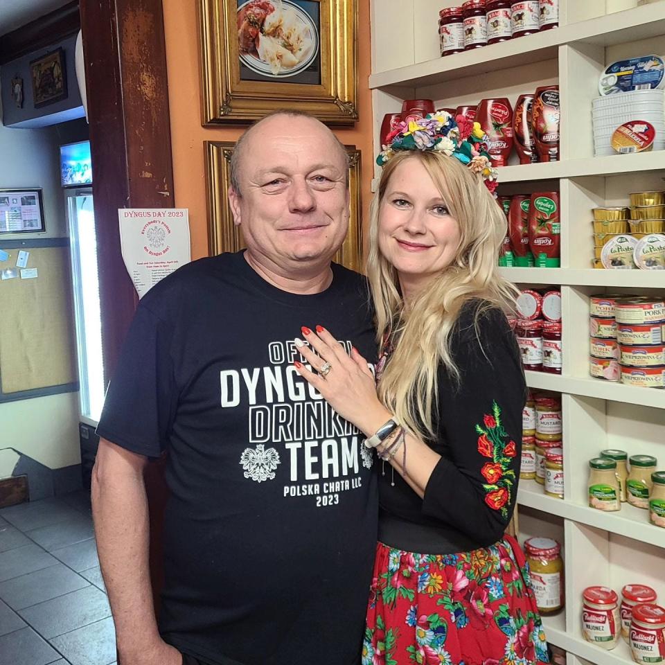 Izabela Tarlowska, right, owner of Polska Chata LLC in Irondequoit, poses with her husband, John Tarlowski, at Polska Chata's Dyngus Day celebration in 2023.