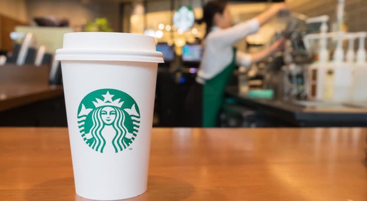 starbucks (SBUX) coffee cup on a counter (Best dividend-paying stocks)