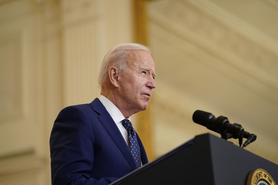 President Joe Biden speaks in the East Room of the White House, in Washington, Thursday, April 15, 2021. More than a dozen Senate Democrats sent a letter on Friday, April 16, 2021, to Biden highlighting the woeful environmental track record of his Brazilian counterpart and urging him to condition any support for Amazon preservation on significant progress reducing deforestation. (AP Photo/Andrew Harnik)