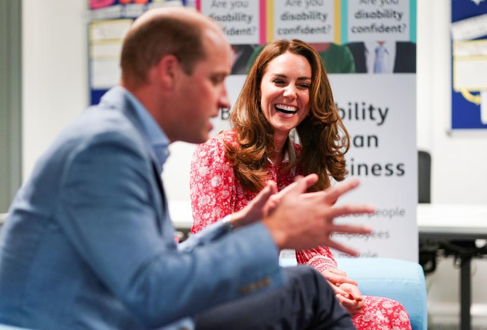 Britain's Prince William, Duke of Cambridge (L), and Britain's Catherine, Duchess of Cambridge (R) speak to employers at the London Bridge Jobcentre, in London on September 15, 2020. - The Duke and Duchess of Cambridge carried out engagements in London today to meet local communities, hear about the challenges they have faced over the last six months, and shine a light on individuals and businesses who have gone above and beyond to help others during this extraordinary time. (Photo by HENRY NICHOLLS / POOL / AFP) (Photo by HENRY NICHOLLS/POOL/AFP via Getty Images)