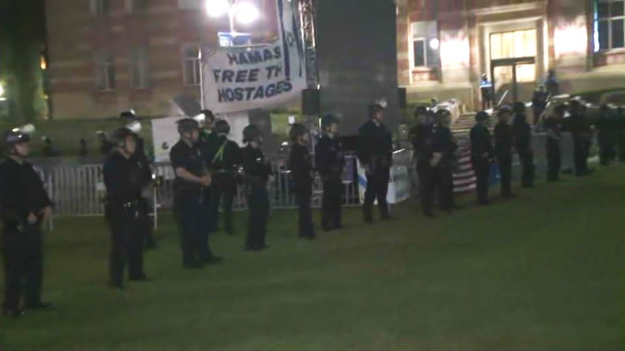 Police officers arrived as a dispersal order was given to a large encampment of pro-Palestinian protestors gathered on the UCLA campus on May 1, 2024. (KTLA)