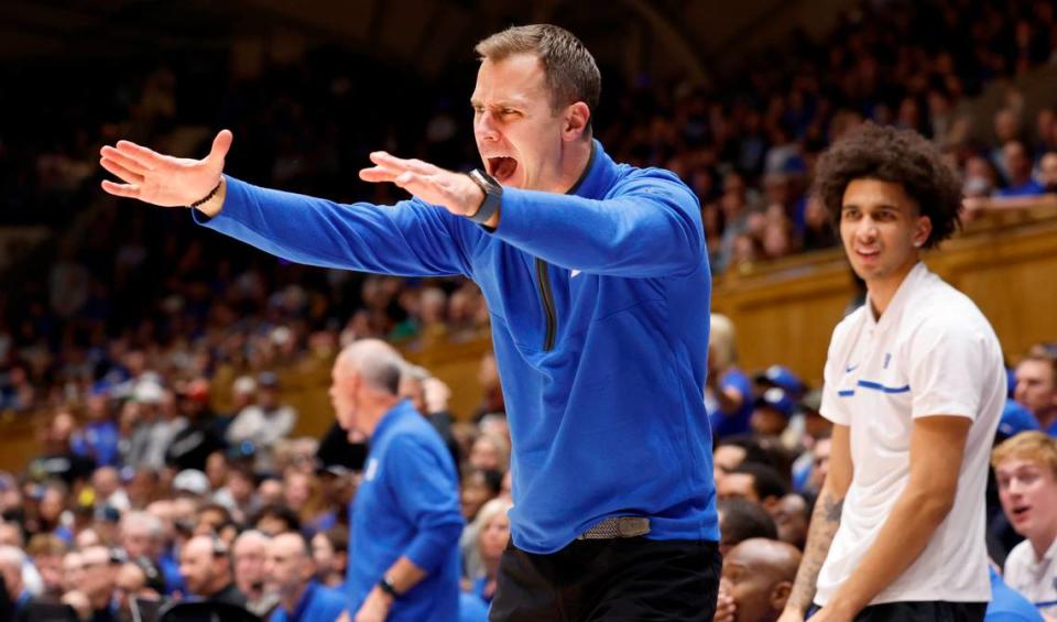 Duke head coach Jon Scheyer yells as the officials during the second half of Duke’s 80-56 victory over Charlotte at Cameron Indoor Stadium in Durham, N.C., Saturday, Dec. 9, 2023.