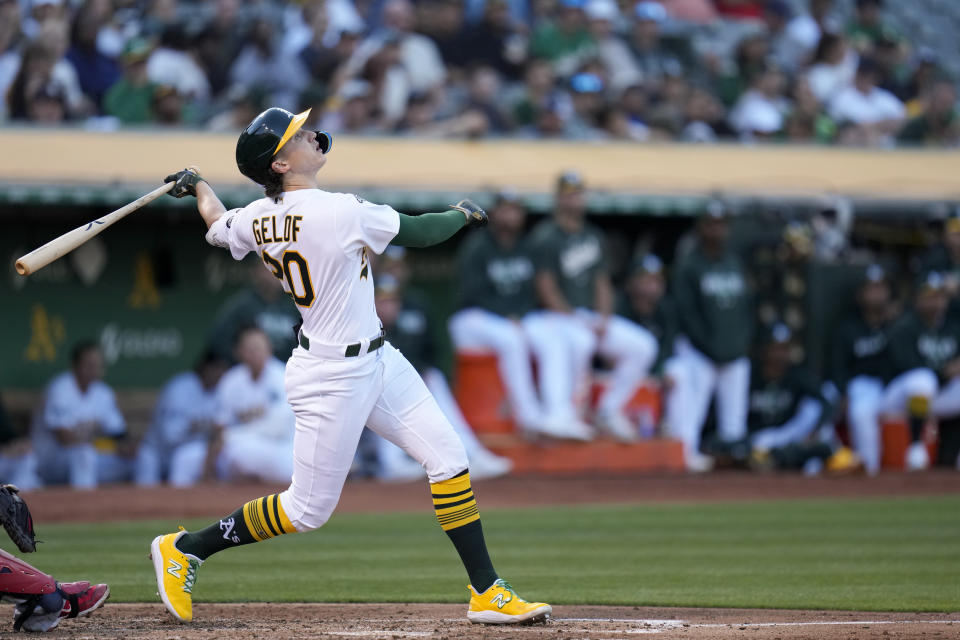 Oakland Athletics' Zack Gelof watches his RBI double against the Minnesota Twins during the third inning of a baseball game Friday, July 14, 2023, in Oakland, Calif. (AP Photo/Godofredo A. Vásquez)