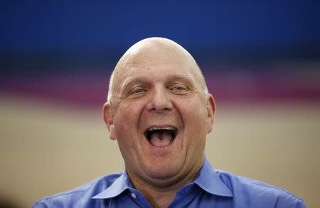 Los Angeles Clippers owner Steve Ballmer laughs during an interview with Reuters in Culver City, Los Angeles, California September 24, 2014. REUTERS/Lucy Nicholson