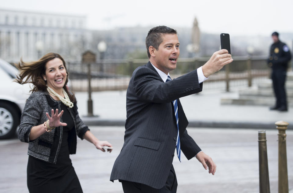 Rep. Sean Duffy (R-Wis.), shoots a video selfie as he heads to the House floor for votes on March 4, 2015.