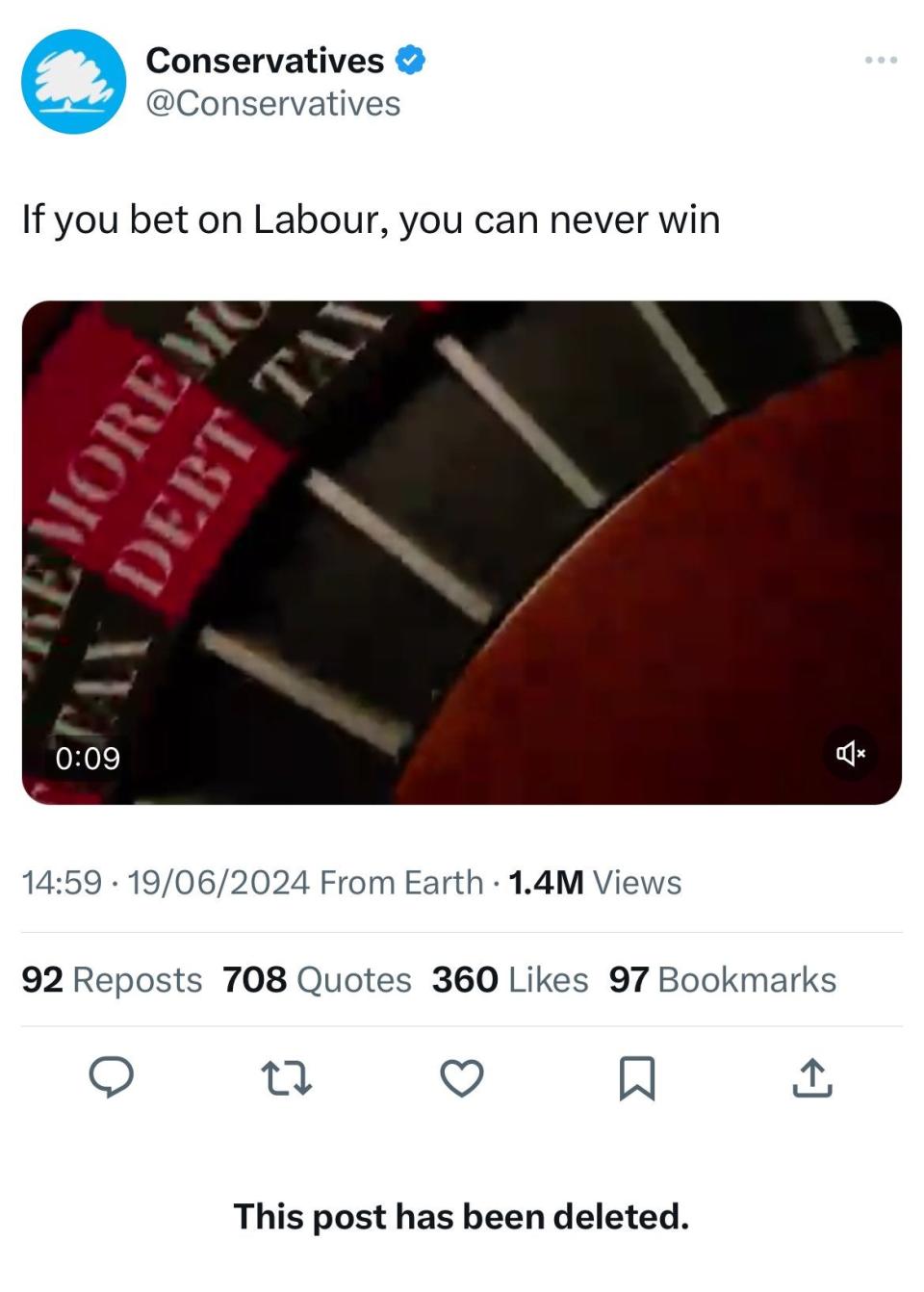 The Conservatives have deleted a tweet after it was revealed two candidates are being looked into over a betting allegation (Twitter)