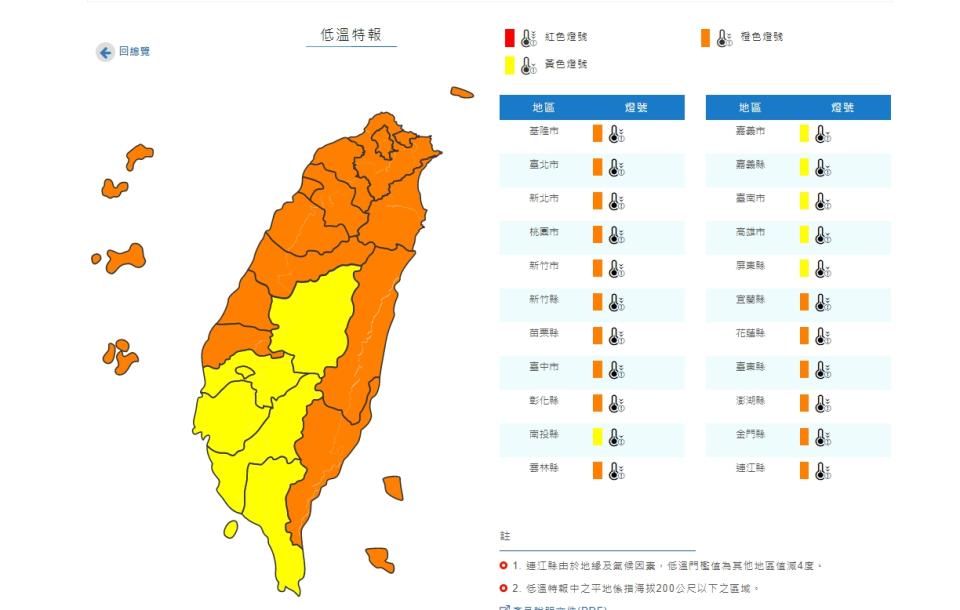 中央氣象局針對全台發布低溫特報。（圖／翻攝自氣象局）