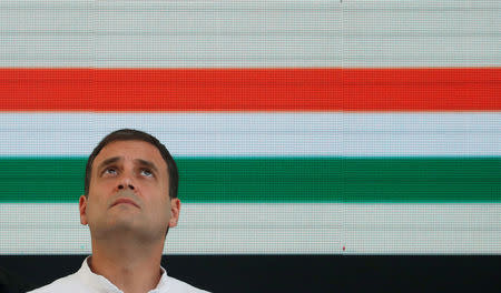 FILE PHOTO: Rahul Gandhi, President of India's main opposition Congress party, looks up before releasing his party's election manifesto for the April/May general election in New Delhi, India, April 2, 2019. REUTERS/Adnan Abidi/File Photo