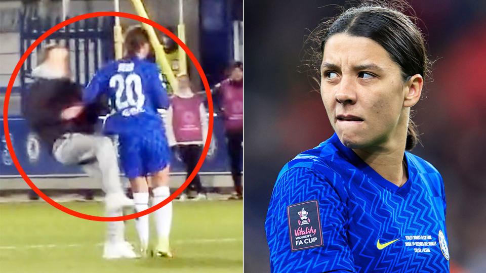 Sam Kerr is seen here shoulder charging a pitch invader in a Women's Champions League game for Chelsea.