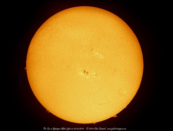 John Chumack sent Space.com this image of the sun in hydrogen alpha light featuring gigantic sunspot group AR 1967 taken from his backyard in Dayton, Ohio on Feb. 3, 2014 (Lunt 60mm/50 F Ha Scope, DMK 31AF04 Camera 1/436 second exposure, 720 fr