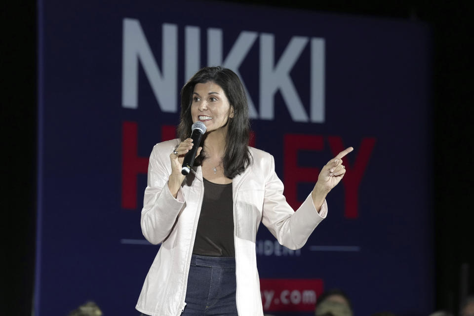 Former South Carolina Gov. Nikki Haley, a candidate for the 2024 Republican presidential nomination, speaks during a campaign rally on Monday, March 13, 2023, in Myrtle Beach, S.C. (AP Photo/Meg Kinnard)