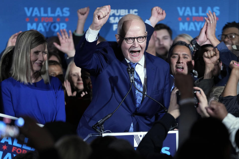 Chicago mayoral candidate Paul Vallas, center, celebrates with supporters as his wife, Sharon Vallas, left, smiles as she looks on at his election night event in Chicago, Tuesday, Feb. 28, 2023. Mayor Lori Lightfoot conceded defeat Tuesday night, ending her efforts for a second term and setting the stage for Cook County Commissioner Brandon Johnson to run against former Chicago Public Schools CEO Vallas for Chicago mayor. (AP Photo/Nam Y. Huh)