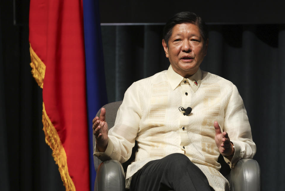 The President of the Philippines Ferdinand Marcos Jr. reacts as he talks with the audience following his address to the Lowy Institute on the sidelines of the ASEAN-Australia Special Summit in Melbourne, Australia, Monday, March 4, 2024. (AP Photo/Hamish Blair)