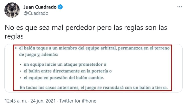 El defensor colombiano Juan Cuadrado también se sumó a las críticas a Pitana.