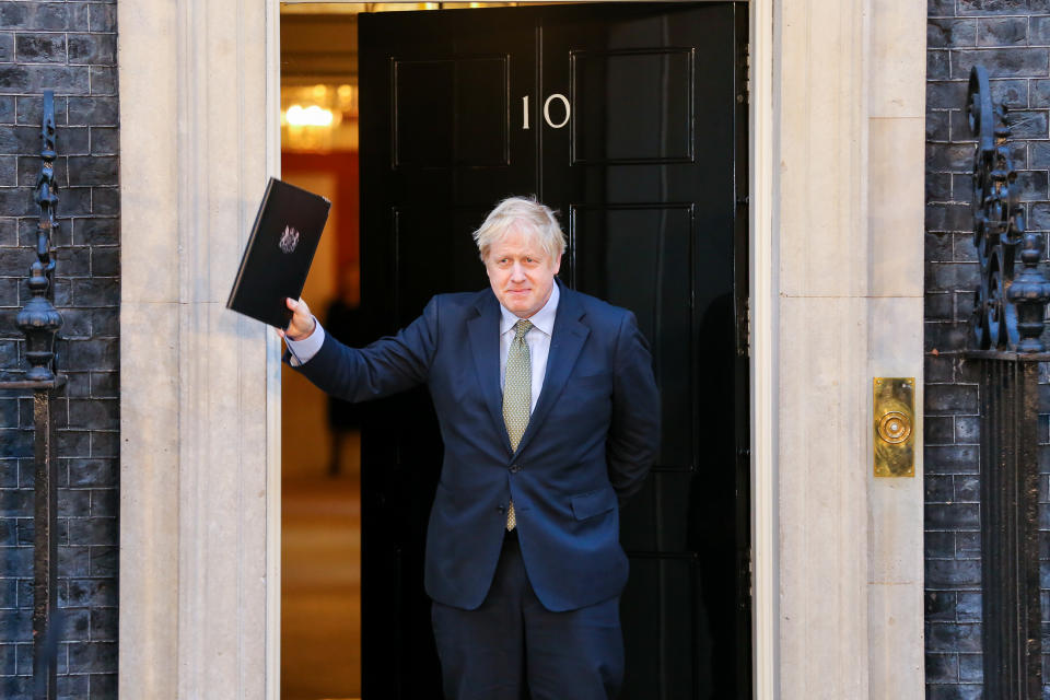 British Prime Minister Boris Johnson seen outside No 10 Downing Street, London after his gamble on early election paid off as the Conservative Party won a majority in the 2019 General Election. The Conservative Party's commanding majority will take United Kingdom out of the European Union by the end of January 2020. (Photo by Steve Taylor / SOPA Images/Sipa USA)