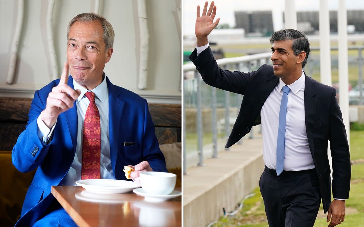 Nigel Farage (left) has polled ahead of Rishi Sunak (right) in a new survey (ES Composite)