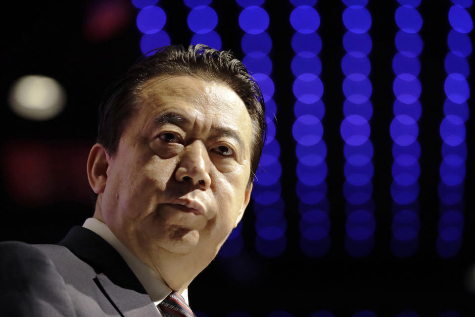 FILE - In this July 4, 2017 file photo, Interpol President, Meng Hongwei, delivers his opening address at the Interpol World congress in Singapore. A French judicial official says Friday Oct.5, 2018 the president of Interpol has been reported missing after traveling to China. (AP Photo/Wong Maye-E, File)