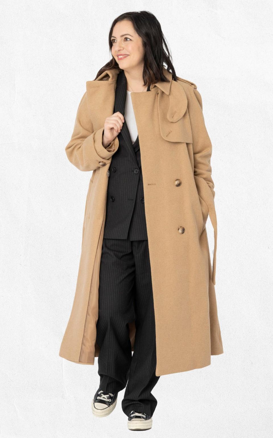 Camel wool blend trench coat, £220 (albaray.co.uk); Jac blazer, £298 and Tay trousers, £238, both Rails (rails.com)