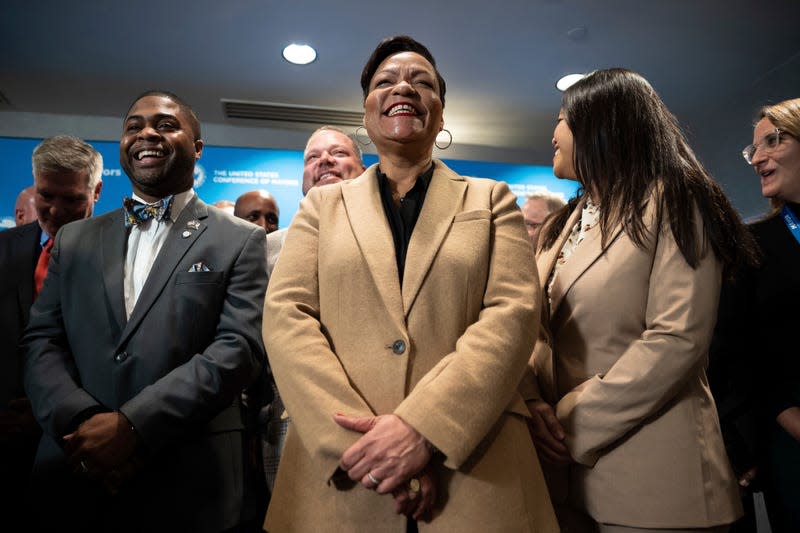 New Orleans, La. Mayor LaToya Cantrell looks on alongside other mayors during a press conference at the annual winter meeting of the United States Conference of Mayors at the Capital Hilton in Washington, D.C., Jan. 18, 2023. 