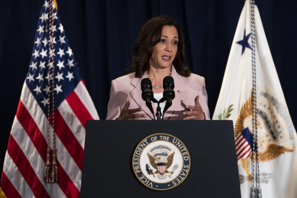 Vice President Kamala Harris speaks at an event promoting women's economic empowerment in northern Central America during the Summit of the Americas in Los Angeles, Tuesday, June 7, 2022. (AP Photo/Jae C. Hong)