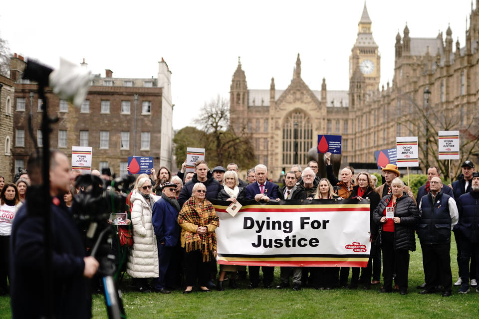 Infected blood victims and campaigners protest on College Green in Westminster, London calling for action on compensation payments for victims of the infected blood scandal. Picture date: Wednesday February 28, 2024. (Photo by Aaron Chown/PA Images via Getty Images)