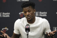 Miami Heat guard Jimmy Butler speaks during an NBA basketball news conference, Friday, Sept. 27, 2019, in Miami. Butler spoke publicly for the first time since the July trade that brought him to South Florida as the new face of the franchise. (AP Photo/Lynne Sladky)