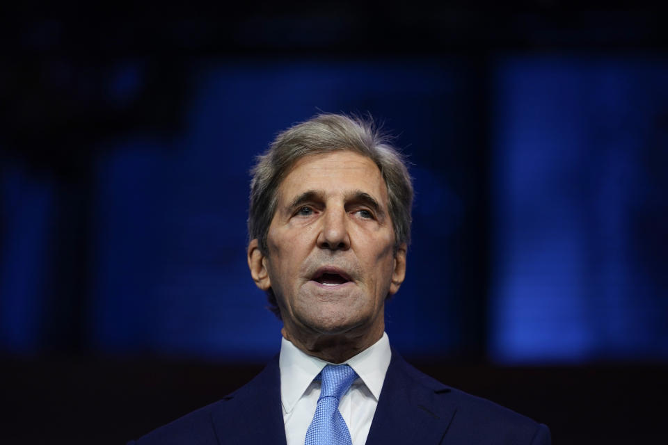 President-elect Joe Biden's climate envoy nominee former Secretary of State John Kerry speaks at The Queen theater, Tuesday, Nov. 24, 2020, in Wilmington, Del. (AP Photo/Carolyn Kaster)