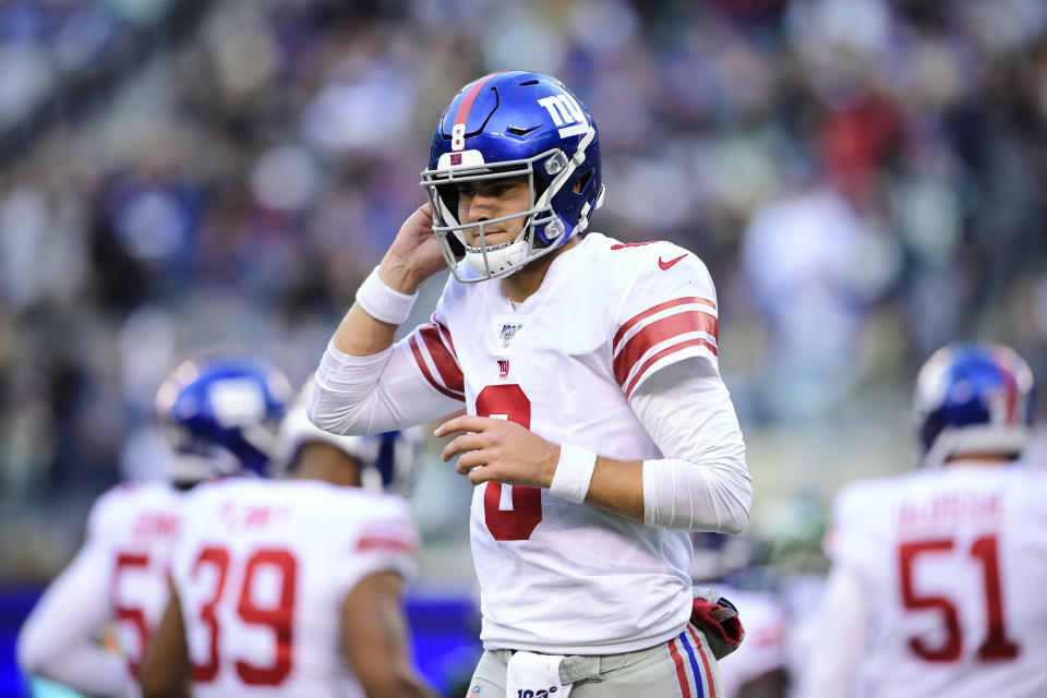 New York Giants quarterback Daniel Jones (8) pauses during the second half of the team's NFL football game against the New York Jets on Sunday, Nov. 10, 2019, in East Rutherford, N.J. (AP Photo/Steven Ryan)