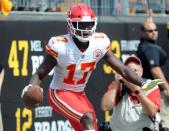 Sep 16, 2018; Pittsburgh, PA, USA; Kansas City Chiefs wide receiver Chris Conley (17) celebrates a touchdown against the Pittsburgh Steelers during the first quarter at Heinz Field. Mandatory Credit: Philip G. Pavely-USA TODAY Sports