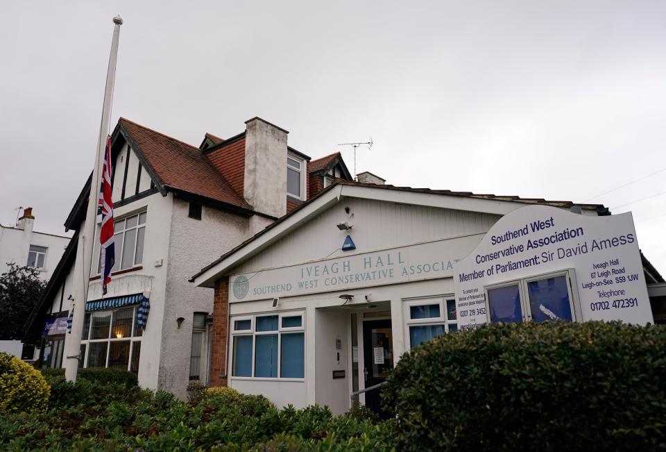 Flowers were also left at the Southend West Conservative Association, where the Union flag was flown half-mast. (AP)