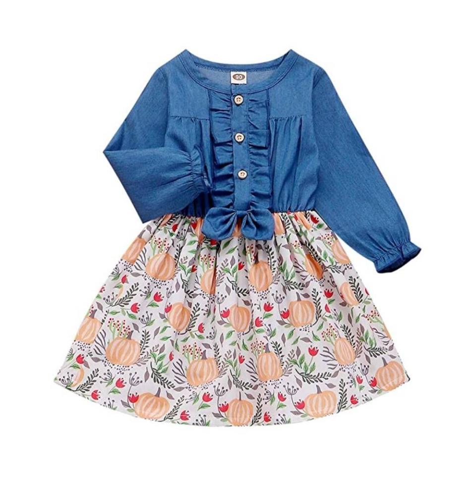 Infant Toddler Baby Girls Thanksgiving Dress Ruffled Button Pumpkin Turkey Floral Printed Long Sleeve Denim Skirt(Blue,12-18 Months)