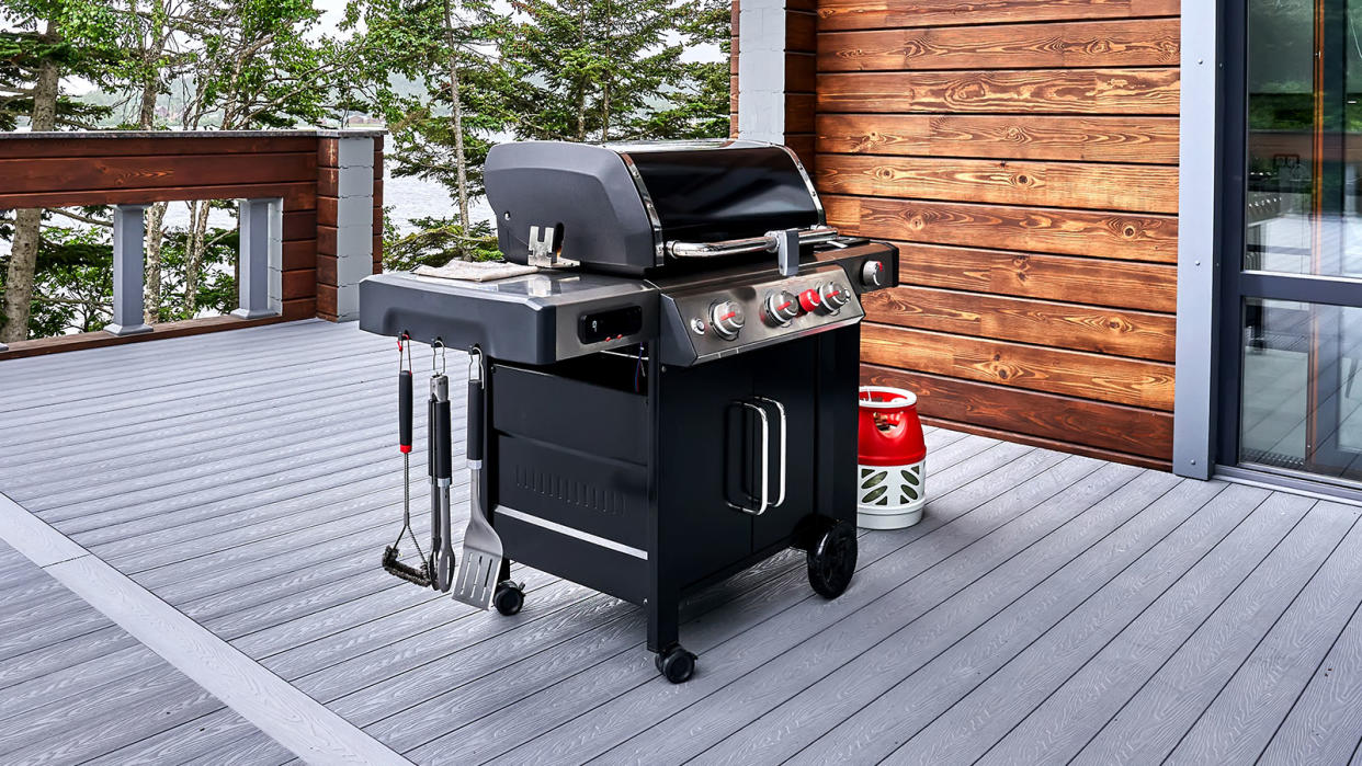  gas grill on a deck 