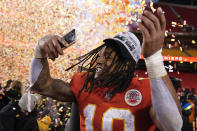 Kansas City Chiefs running back Isiah Pacheco celebrates after the NFL AFC Championship playoff football game against the Cincinnati Bengals, Sunday, Jan. 29, 2023, in Kansas City, Mo. The Chiefs won 23-20. (AP Photo/Brynn Anderson)