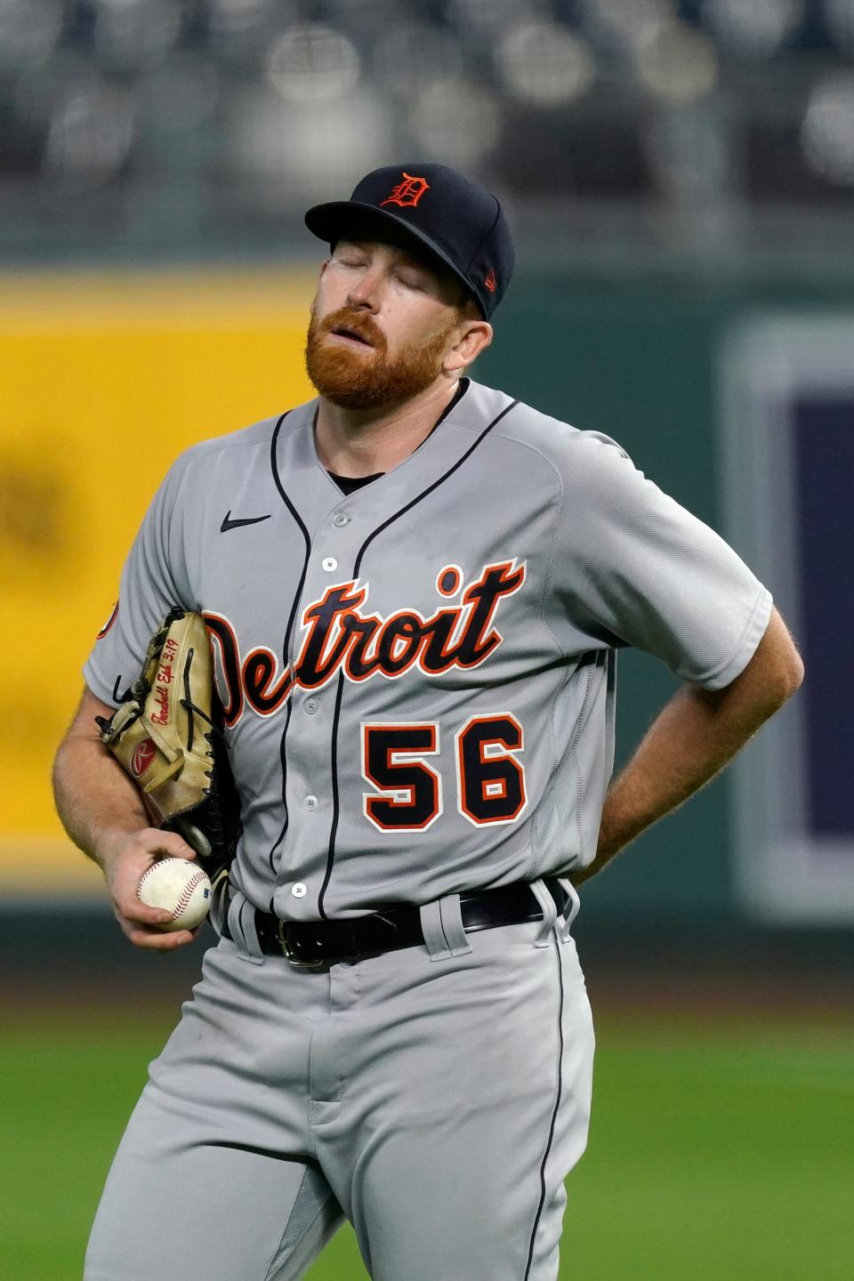 Detroit Tigers starting pitcher Spencer Turnbull reacts after walking in a run during the first inning of the team's baseball game against the Kansas City Royals on Friday, Sept. 25, 2020, in Kansas City, Mo.