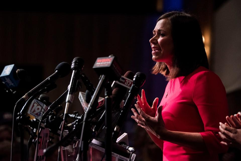 U.S. Senate candidate Katie Britt delivers her primary race victory speech during an election night party in Montgomery, Ala., on Tuesday, May 24, 2022.