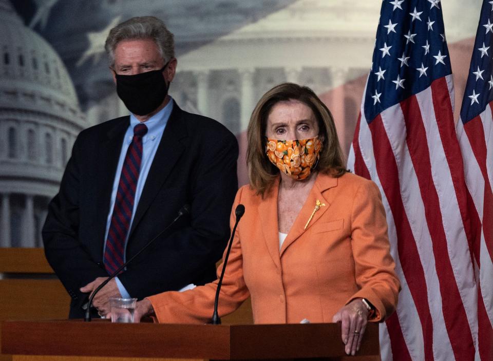 Speaker of the House, Nancy Pelosi, said no "standalone" relief for U.S. airlines would pass Congress without guarantees that the White House and Republicans would back a broader Covid-19 stimulus package on October 8, 2020. (Photo by ANDREW CABALLERO-REYNOLDS/AFP via Getty Images)