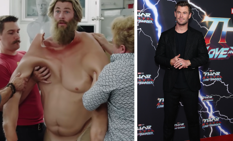 Chris Hemsworth wearing a thor fat suit left, and on a red carpet, right