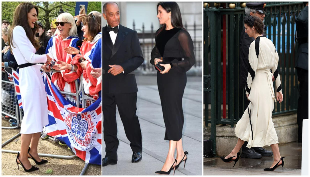 Los zapatos de la marca Aquazzura en los pies de la princesa de Gales, Meghan Markle y Rose Hansbury. (Getty Images)