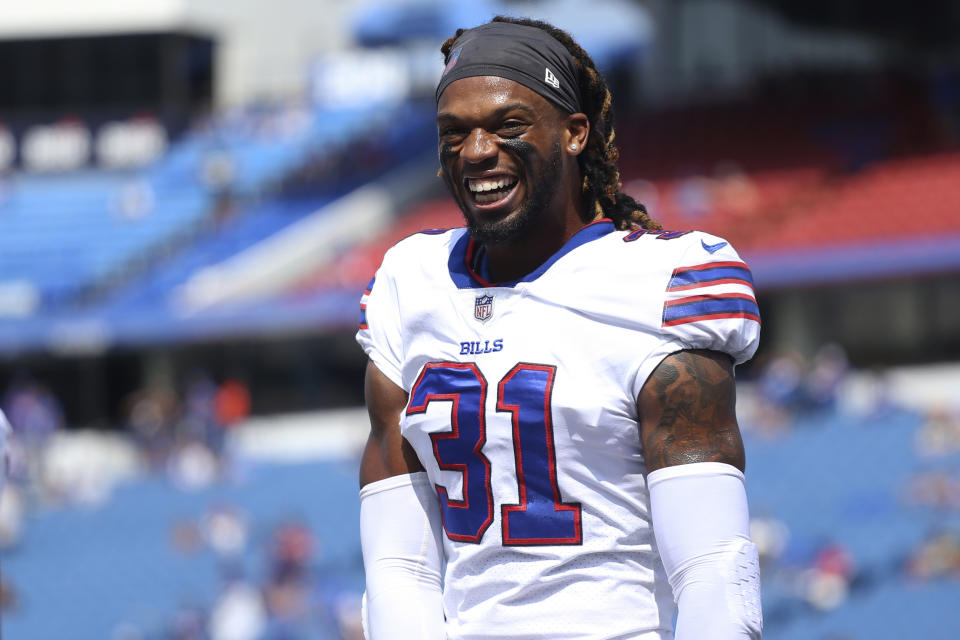FILE - Buffalo Bills safety Damar Hamlin smiles prior to the start of the first half of a preseason NFL football game, Saturday, Aug. 28, 2021, in Orchard Park, N.Y. Hamlin was released from a Buffalo hospital on Wednesday, Jan. 11, 2023, more than a week after he went into cardiac arrest and had to be resuscitated during a game at Cincinnati, after his doctors said they completed a series of tests. (AP Photo/Joshua Bessex, File)